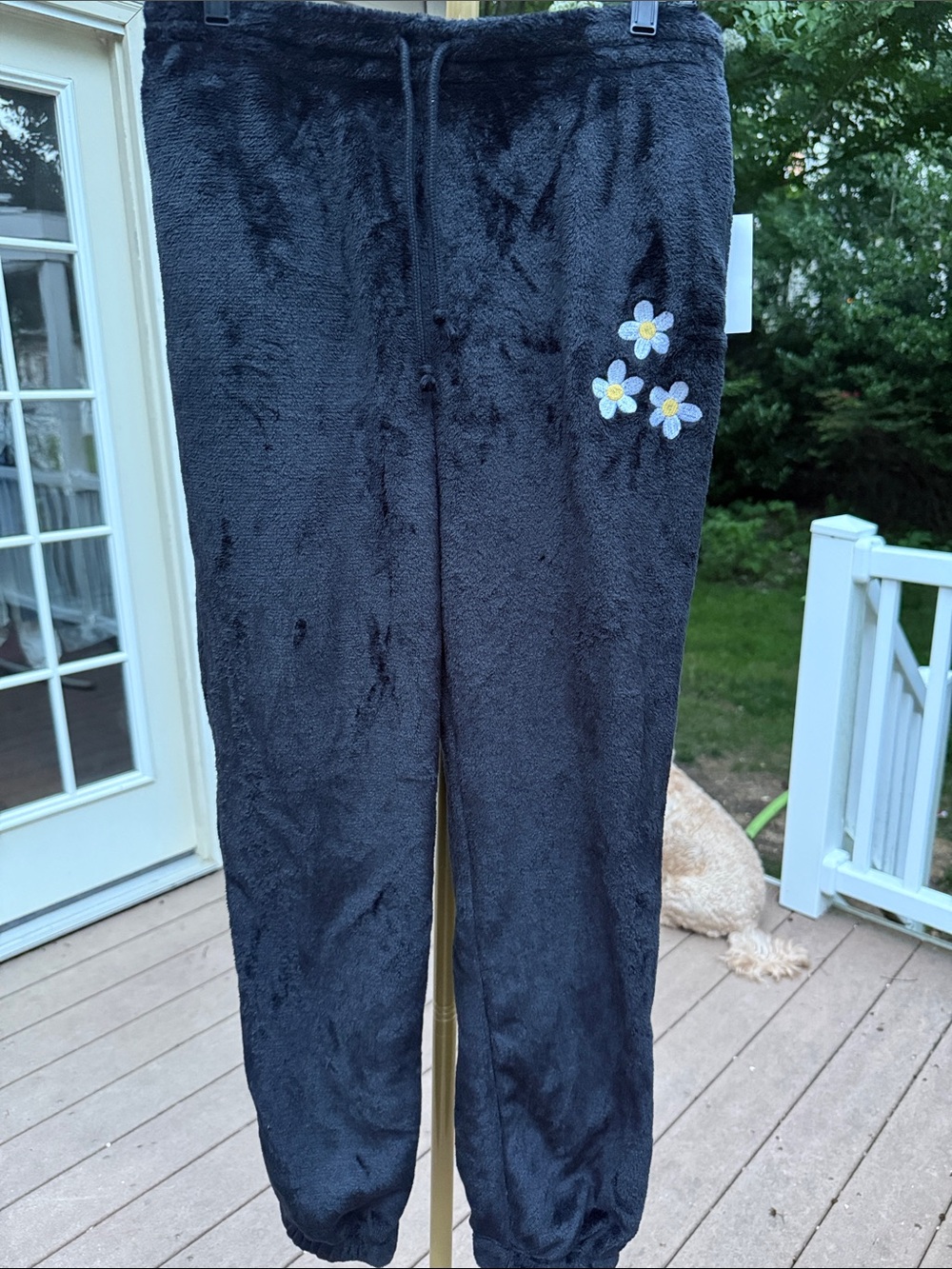 Mighty Fine Black Plush Track Joggers with Daisy Embroidery